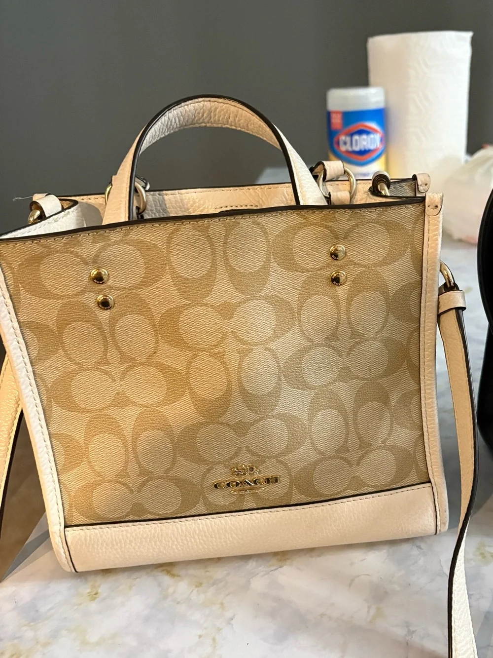Coach Beige Signature Canvas Satchel with Cream Trim